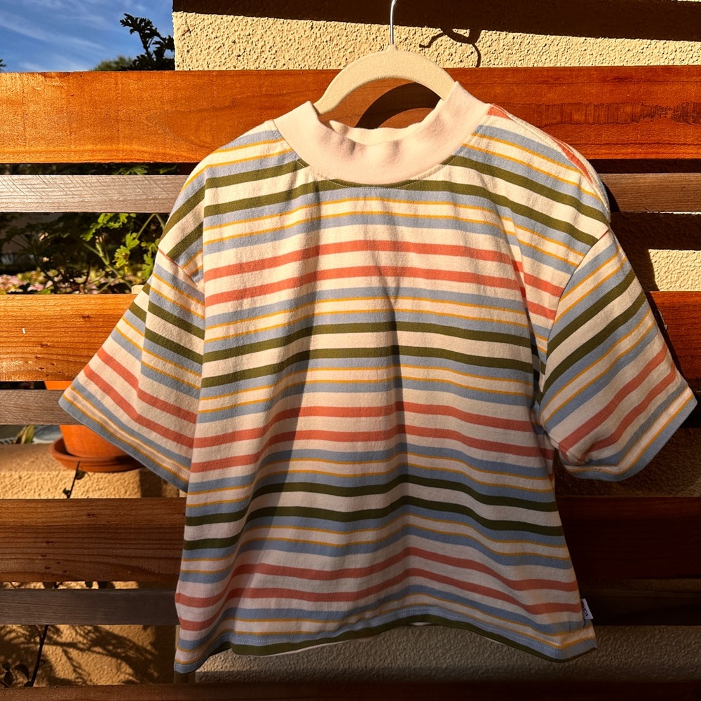 RVCA Short Sleeve Striped Tee in Olive, Coral, Light Blue, Yellow & Cream